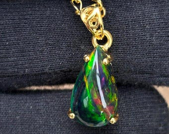 Ethiopian Black Opal Necklace: Pear Sterling Silver Pendant, Handmade