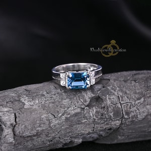 Natural London Blue Topaz Ring, Handmade Ring, Emerald Cut Ring, 925 Sterling Silver, Wedding Engagement Ring, Gift For Her / Him