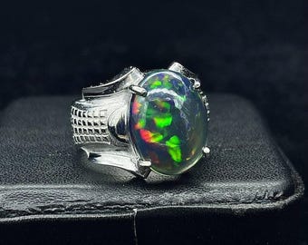 Etiopisk svart opalring – Oval statementring i 925 sterlingsilver