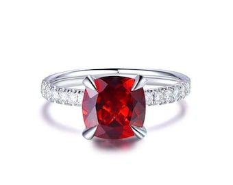 Cushion Cut Red Garnet Ring | 925 Sterling Silver, CZ Diamond