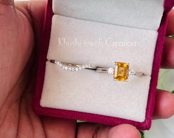 Conjunto de anillo de citrino talla esmeralda: Joyería de compromiso de plata de ley