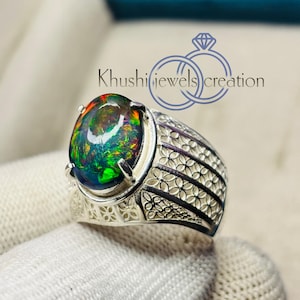 AAA+High Fire Natural Black Opal Ring,Opal Men’s Ring, Black & Multi Color Opal, 925 Sterling Silver, Wedding Engagement Ring, Gift For Him