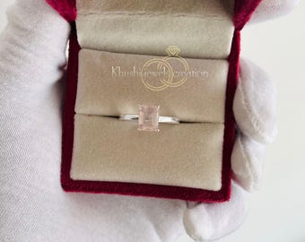 Emerald Cut Rose Quartz Ring: 925 Sterling Silver Dainty Band