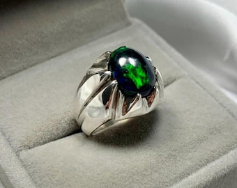 Oval etiopisk svart opalring – 925 sterlingsilver, multiflammig