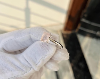 Emerald Cut Rose Quartz Ring: 925 Sterling Silver Dainty Band