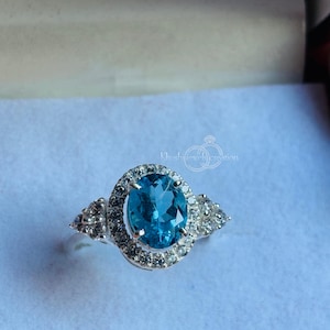 Natural London Blue Topaz Ring, Topaz & Cz Diamond, 7x9mm Handmade Ring, 925 Sterling’s Silver, Engagement Ring, Gift For Girlfriend/Wife