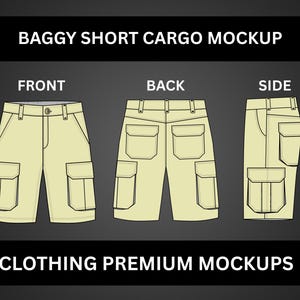 Puede incluir: Ilustración de pantalones cortos cargo holgados de color caqui, mostrados desde la vista frontal, trasera y lateral. Cada vista muestra los pantalones cortos con múltiples bolsillos. El texto "BAGGY SHORT CARGO MOCKUP" y "CLOTHING PREMIUM MOCKUPS" se muestra arriba y abajo de los pantalones cortos.