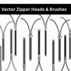 May include: A selection of vector zipper heads and brushes in black and silver. The image showcases diverse zipper designs, including those with heart-shaped pulls. The text "Vector Zipper Heads & Brushes" is displayed in a black banner.