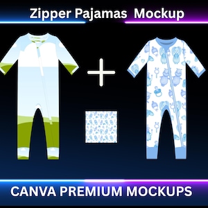 May include: A mockup showing two zip-up baby sleepsuits, one in light blue and green, the other in white with blue animal illustrations. A small square with a matching pattern is also shown. Text at the top reads "Zipper Pajamas Mockup" and at the bottom "CANVA PREMIUM MOCKUPS."