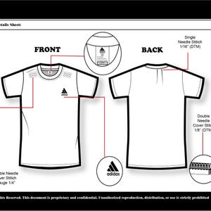 Puede incluir: Dibujo técnico de una camiseta Adidas blanca, vistas delantera y trasera, con anotaciones detalladas. Incluye primeros planos de las costuras y el logotipo de Adidas. La vista frontal muestra el logotipo de Adidas y detalles del diseño.