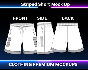 May include: A white striped short mock-up with front, side, and back views. The shorts have a drawstring waist, pockets, and a gray hem. The text "Striped Short Mock Up" and "CLOTHING PREMIUM MOCKUPS" are displayed.