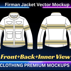 Puede incluir: Maqueta vectorial de chaqueta Firman blanca con vistas frontal, trasera e interior. La chaqueta presenta dos bolsillos delanteros, un cuello y rayas beige en las mangas y el pecho. Se muestra el texto "Firman Jacket Vector Mockup" y "Clothing Premium Mockups".