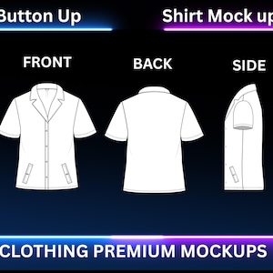 Könnte beinhalten: Weiße Button-up-Shirt-Mockups in Vorder-, Rück- und Seitenansicht. Die Vorderansicht zeigt ein Hemd mit Kragen und Taschen. Die Texte "Button Up" und "Shirt Mock up" stehen oben. Der Text "CLOTHING PREMIUM MOCKUPS" steht unten.