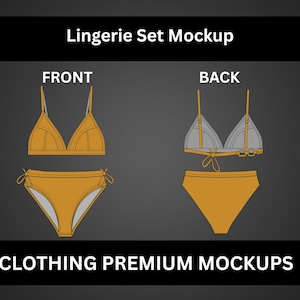 Puede incluir: Maqueta de conjunto de lencería amarillo mostaza, con top triangular y braguita de cintura alta. Se muestran las vistas delantera y trasera. El texto "Lingerie Set Mockup" y "CLOTHING PREMIUM MOCKUPS" están presentes.