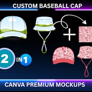 May include: A graphic showing custom baseball cap mockups. The image features a baseball cap and a bucket hat, both with a sky and green landscape design. The image also shows a pink and red patterned baseball cap and bucket hat. Text at the top reads "CUSTOM BASEBALL CAP".
