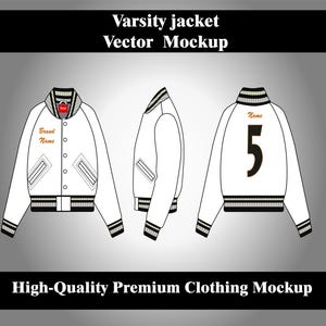 May include: White varsity jacket vector mockup with black and grey striped details. The jacket features a front view, side view, and back view with the number 5. The text "Brand Name" and "Name" are visible. The text "Varsity jacket Vector Mockup" and "High-Quality Premium Clothing Mockup" are also visible.