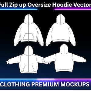 Peut inclure: Illustration vectorielle de quatre sweats à capuche blancs surdimensionnés à fermeture éclair intégrale. Les sweats à capuche sont présentés sous différents angles, avec une capuche et des poches avant. Le texte "Full Zip up Oversize Hoodie Vector" et "CLOTHING PREMIUM MOCKUPS" est affiché.