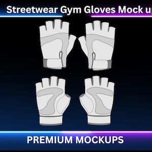Peut inclure: Maquette de quatre paires de gants de gym Streetwear blancs et gris. Les gants ont des designs sans doigts avec des paumes rembourrées et des sangles de poignet. Le texte "Streetwear Gym Gloves Mock up" et "PREMIUM MOCKUPS" sont affichés.