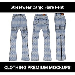 Oversized Flared Jeans Cargo Mockup Vector Template Adobe Illustrator PNG SVG Procreate Tech Pack flat sketch streetwear Cargo jeans Mockup