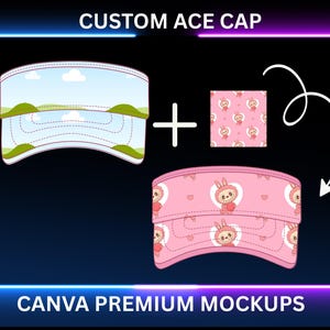 May include: A mockup of a custom Ace cap design. The design features a blue sky and green hills, combined with a pink cap with a repeating pattern of a bunny holding a heart. The text "CUSTOM ACE CAP" and "CANVA PREMIUM MOCKUPS" are displayed.