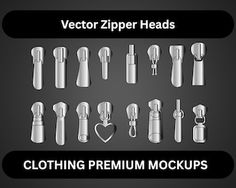 Cabeças de zíper vetoriais Acessórios para roupas de rua Vector Techpack Marca de roupas Ferramenta de design de moda Adobe Illustrator Procreate Mockups