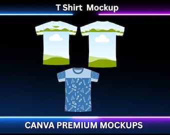 Könnte beinhalten: Drei T-Shirt-Mockups vor schwarzem Hintergrund. Zwei Shirts haben ein Himmel- und Landschaftsdesign, und das dritte hat ein blaues Muster mit Bleistiften und Dreiecken. Der Text "T Shirt Mockup" und "CANVA PREMIUM MOCKUPS" wird angezeigt.