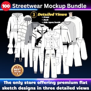 May include: Digital illustration of a streetwear mockup bundle with 100 designs. The image shows various clothing items, including jackets, trousers, and hoodies, in a flat sketch style. Text includes "100 Streetwear Mockup Bundle" and "Best Seller."