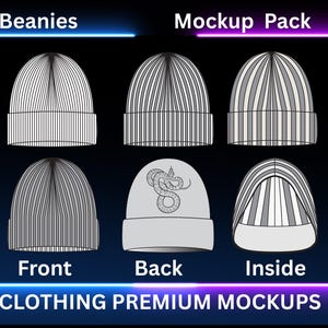4 Types of Beanies Mock-up Editable Adobe Illustrator, PNG, Procreate, SVG, tech pack Hat technical drawing vector template beanie mockup