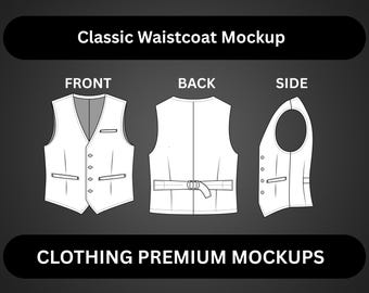 Men's Waistcoat Flat Sketch | Front, Back &Side View | Fashion Technical Drawing | Vector Template for Tech Pack |Apparel Design