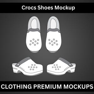 May include: A mockup of white Crocs shoes, displayed in two different styles. The image shows a top-down view of two pairs of the classic clog design and two pairs of the heeled clog design. The text "Crocs Shoes Mockup" and "CLOTHING PREMIUM MOCKUPS" are displayed.