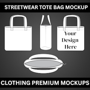 May include: A mockup of a streetwear tote bag, featuring three views of the bag and a zipper. The bag is white with black outlines and handles. The text "Your Design Here" is on one bag. The text "STREETWEAR TOTE BAG MOCKUP" and "CLOTHING PREMIUM MOCKUPS" are also present.