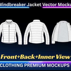 Könnte beinhalten: Vektor-Mockup einer weißen Windbreaker-Jacke, dargestellt von vorne, hinten und innen. Die Jacke hat horizontale Steppnähte und einen durchgehenden Reißverschluss. Der Text lautet "Windbreaker Jacket Vector Mockup" und "Front+Back+Inner View".