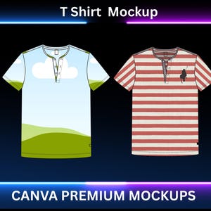 May include: Two t-shirt mockups. One has a sky and cloud design, the other is red and white striped with a horse logo. Both have a Henley neckline. The text "T Shirt Mockup" and "CANVA PREMIUM MOCKUPS" are displayed.