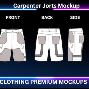 Puede incluir: Maqueta de pantalones cortos de carpintero blancos con detalles de bolsillo y ribete grises, mostrados en vistas frontal, trasera y lateral. La imagen incluye el texto "Carpenter Jorts Mockup" y "CLOTHING PREMIUM MOCKUPS" sobre un fondo azul oscuro.