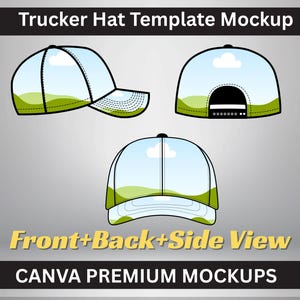 Puede incluir: Una maqueta de plantilla de gorra de camionero con vistas frontal, trasera y lateral. El diseño del sombrero presenta un gráfico de cielo y paisaje. Se muestra el texto "Trucker Hat Template Mockup", "Front+Back+Side View" y "CANVA PREMIUM MOCKUPS".