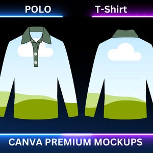 Może przedstawiać: Cyfrowa ilustracja koszulki polo z długim rękawem i koszulki. Koszulka polo ma zielony kołnierzyk i trzy guziki. Koszulka ma zielony kołnierzyk. Obie koszule mają wzór nieba i krajobrazu. Tekst "CANVA PREMIUM MOCKUPS" znajduje się na dole.