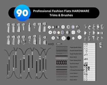 90 Professional Fashion Flats Trims & Brushes Fashion Hardware Brushes AI | Clasps, Buckles, Chains, Buttons | Tech Pack  Adobe Illustrator