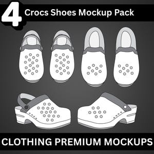 May include: A mockup pack of four Crocs shoes in a top-down and side view. The shoes are white with gray accents and feature the text "Crocs Shoes Mockup Pack" and "CLOTHING PREMIUM MOCKUPS" in white on a black background.