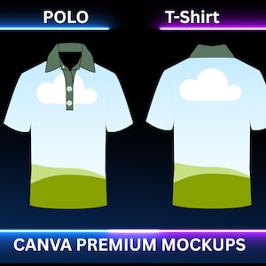 May include: A mock-up image of a polo shirt and a t-shirt. Both shirts have a light blue sky design with white clouds and green grass at the bottom. The polo shirt has a green collar and buttons. The text "POLO" and "T-Shirt" are at the top.