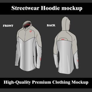 Zip-Up Hoodie Vector Mockup, Full-Zip Sweater Fashion Flats, Tech Pack Template, Streetwear Clothing Design