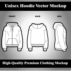 Zip-Up Hoodie Vector Mockup, Full-Zip Sweater Fashion Flats, Tech Pack Template, Streetwear Clothing Design