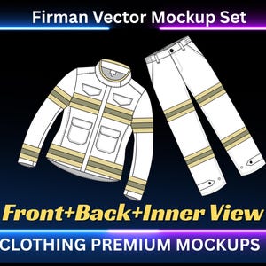 May include: White firefighter jacket and pants mockup set with tan stripes and pockets. The image includes the text "Firman Vector Mockup Set", "Front+Back+Inner View", and "CLOTHING PREMIUM MOCKUPS" on a black and blue gradient background.