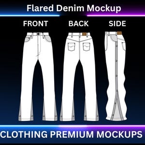 Streetwear Flared Jeans Mockup Vector Adobe Illustrator, Procreate, PNG, Template Clothing Blank Design Sketch Tech Pack - Download
