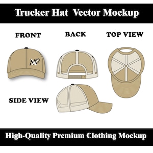 May include: A vector mockup of a trucker hat, showcasing front, back, top, and side views. The hat is tan with a mesh back and a curved brim. The front view displays the text "NO". The text "Trucker Hat Vector Mockup" and "High-Quality Premium Clothing Mockup" are also visible.