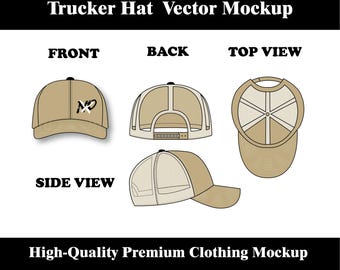 Trucker Hat Vector Mockup Trucker Hat Tech Pack Template, Foam Trucker Hat Mockup Streetwear Clothing Brand| Custom Hat Design SVG