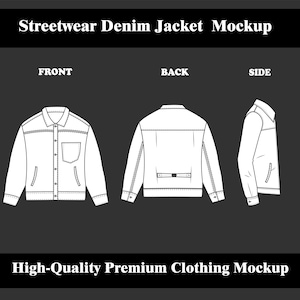 Streetwear Denim jacket Mock up Vector Template Adobe Illustrator PNG SVG Procreate Tech pack flat sketch denim jacket Mockup Clothing blank