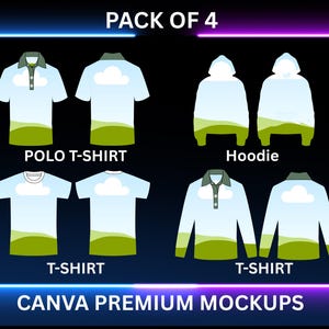 Könnte beinhalten: Grafik mit vier verschiedenen Bekleidungs-Mockups: ein Poloshirt, ein Hoodie und zwei T-Shirts. Jedes Design zeigt ein Himmel- und Wolkenmotiv. Der Text "PACK OF 4" und "CANVA PREMIUM MOCKUPS" sind ebenfalls sichtbar.