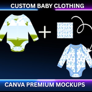 Könnte beinhalten: Grafik mit Babybekleidung-Mockups. Das Bild zeigt zwei Strampler, einer mit Landschaftsdesign und der andere mit blauem Muster. Der Text "CUSTOM BABY CLOTHING" und "CANVA PREMIUM MOCKUPS" werden angezeigt.