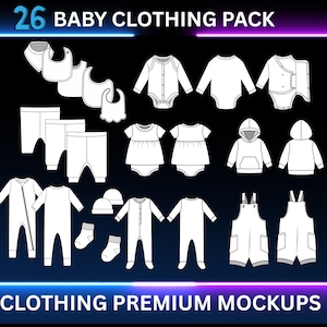Może przedstawiać: Zestaw białych makiet odzieży dziecięcej, w tym śliniaki, pajacyki, spodnie, sukienki, bluza z kapturem, czapka, skarpetki i ogrodniczki. Obraz zawiera tekst "26 BABY CLOTHING PACK" i "CLOTHING PREMIUM MOCKUPS".