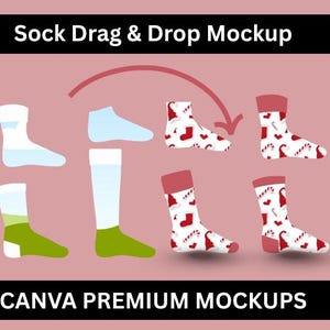 Puede incluir: Una maqueta gráfica que presenta varios diseños de calcetines. La imagen incluye varios pares de calcetines en diferentes estilos y colores, incluyendo calcetines azules, verdes y calcetines navideños rojos y blancos. Se muestra el texto "Sock Drag & Drop Mockup" y "CANVA PREMIUM MOCKUPS".